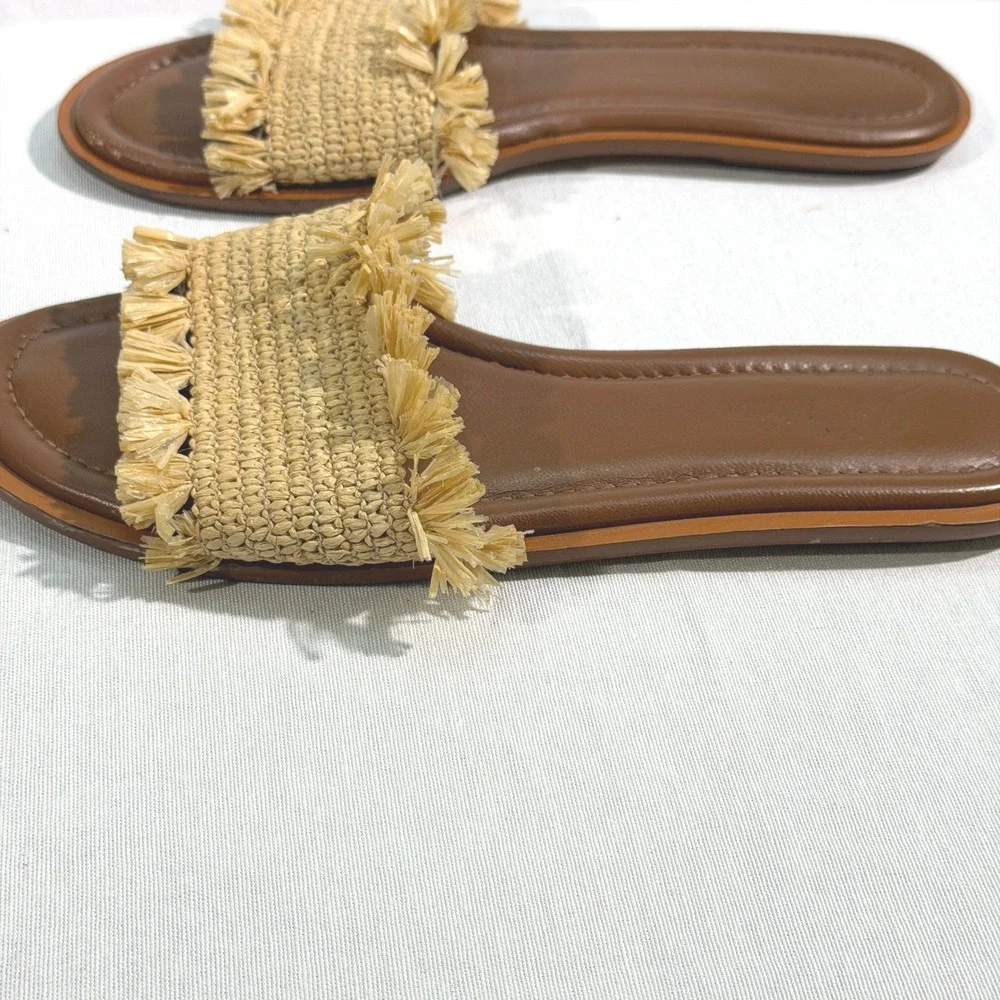 J.Crew Sorrento Raffia Fringe Slide Sandals Tan Brown Leather Size 8‎